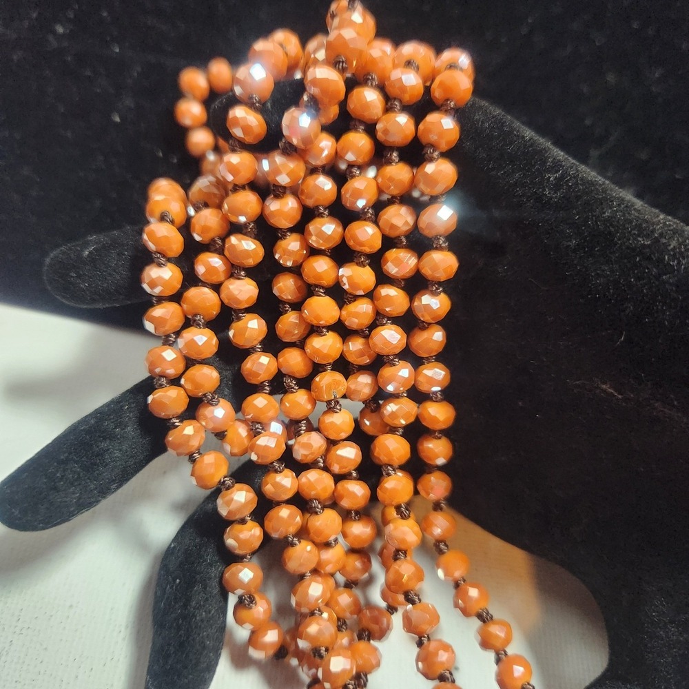 Orange Faceted Iridescent Glass Bead Hand Knotted Long Strand Necklace 64 Inch